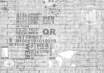 Image showing Grey hi-tech internet design on brick wall