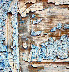 Image showing dirty stripped paint in the blue wood door and rusty nail