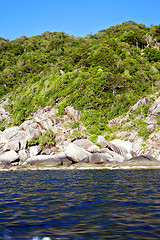 Image showing asia   coastline bay isle     rocks  froth foam  