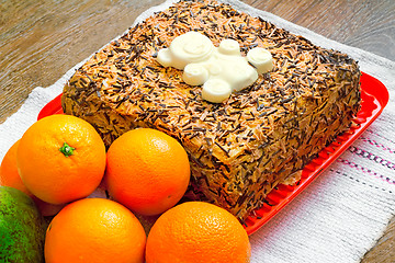 Image showing Delicious cake on a platter and fruit.