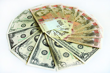 Image showing dollars and grivnas banknotes isolated