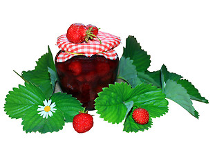 Image showing jar of jam with strawberry and green leaves