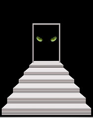 Image showing stairs leading to door with cat's eyes in darkness