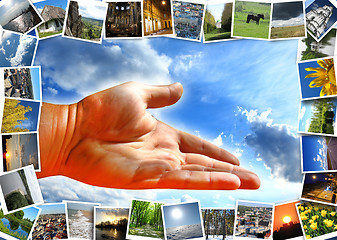 Image showing many motley images and offering hand on the sky