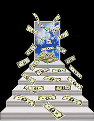 Image showing dollars flying out from door with blue sky