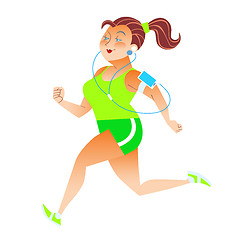 Image showing Sporty woman running herding weight kilocalories listens to musi