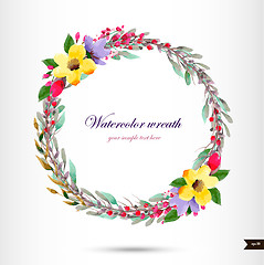 Image showing Watercolor wreath with flowers,foliage and branch.