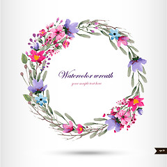 Image showing Watercolor wreath with flowers,foliage and branch.