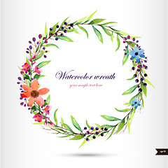 Image showing Watercolor wreath with flowers,foliage and branch.