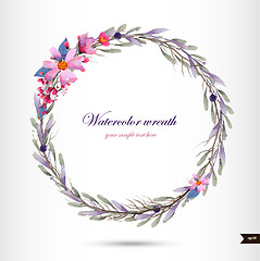 Image showing Watercolor wreath with flowers,foliage and branch.