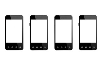 Image showing four black smart-phones isolated on the white 