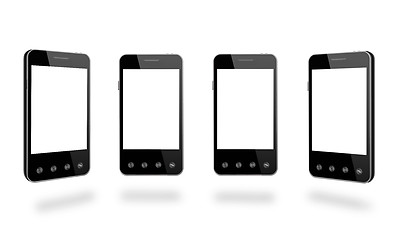 Image showing four black smart-phones isolated on the white 