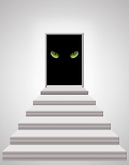 Image showing stairs leading to door with cat's eyes in darkness