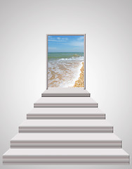 Image showing stairs leading from room to ocean waves