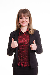 Image showing Portrait of a happy young girl in jacket shows class