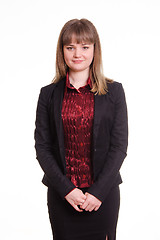 Image showing Portrait of a confident woman in jacket with folded hands