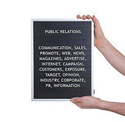 Image showing Public relations concept in plastic letters on very old menu boa