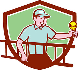 Image showing Electrician Ladder Light Bulb Shield Cartoon