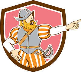 Image showing Spanish Conquistador Pointing Cartoon Shield