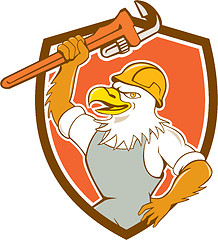 Image showing Bald Eagle Plumber Monkey Wrench Shield Cartoon