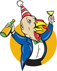 Image showing Turkey Celebrating Wine Party Hat Cartoon