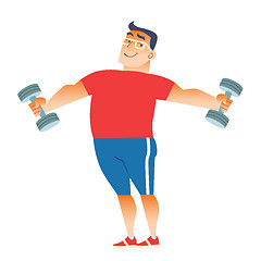 Image showing Fat man plays sports with dumbbells