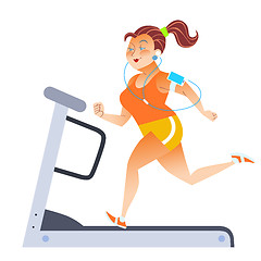 Image showing Fat woman on sport stationary treadmill