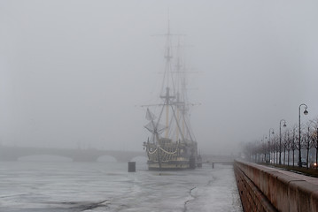 Image showing Sailboat in the fog.