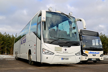 Image showing White Scania Irizar and VDL Citea Buses Parked
