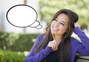 Image showing Pensive Woman with Blank Thought Bubble Beside Her