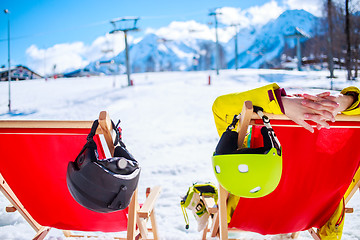 Image showing Relax in mountains after skiing