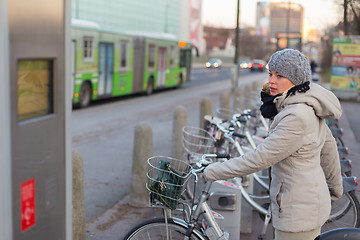 Image showing Station of urban bicycles for rent.