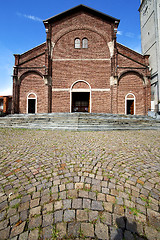 Image showing cardano al campo     closed brick tower sidewalk italy  lombardy