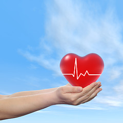 Image showing Conceptual human hand with heart and blue sky