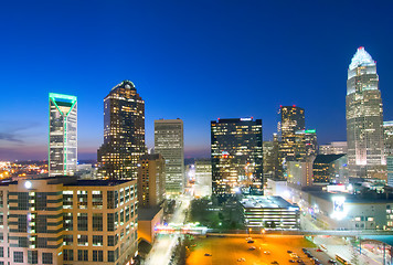 Image showing view of charlotte skyline aerial at sunset