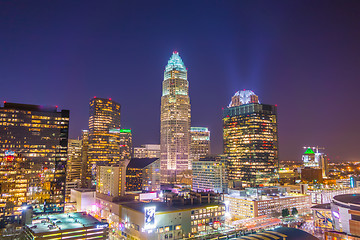 Image showing view of charlotte skyline aerial at sunset