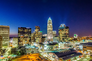 Image showing view of charlotte skyline aerial at sunset