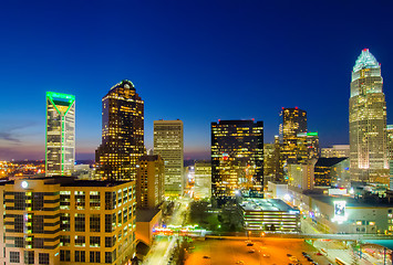 Image showing view of charlotte skyline aerial at sunset