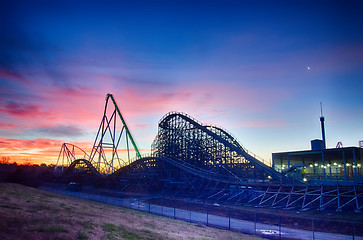 Image showing curves of a roller Coaster at Sunset or sunrise