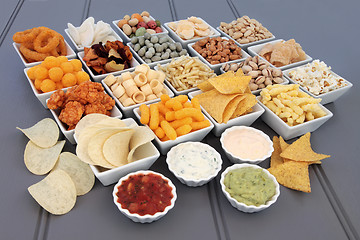 Image showing Savoury Snack and Dip Selection