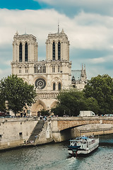 Image showing Notre Dame  with boat on Seine, France