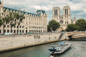 Image showing Notre Dame  with boat on Seine, France