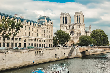 Image showing Notre Dame  with boat on Seine, France