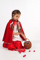 Image showing little girl in a costume, collect cherries