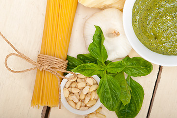 Image showing Italian traditional basil pesto pasta ingredients