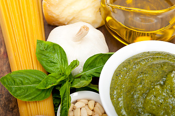 Image showing Italian traditional basil pesto pasta ingredients