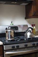 Image showing tea pot and coffee pot on stove