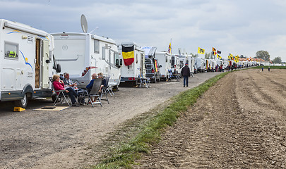 Image showing Row of Caravans at Paris Roubaix Cycling Race