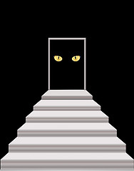 Image showing stairs leading to door with cat's eyes in darkness