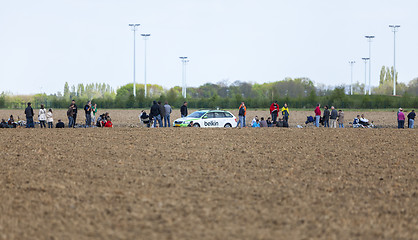 Image showing The Car of BelkinTeam on the Roads of Paris Roubaix Cycling Race
